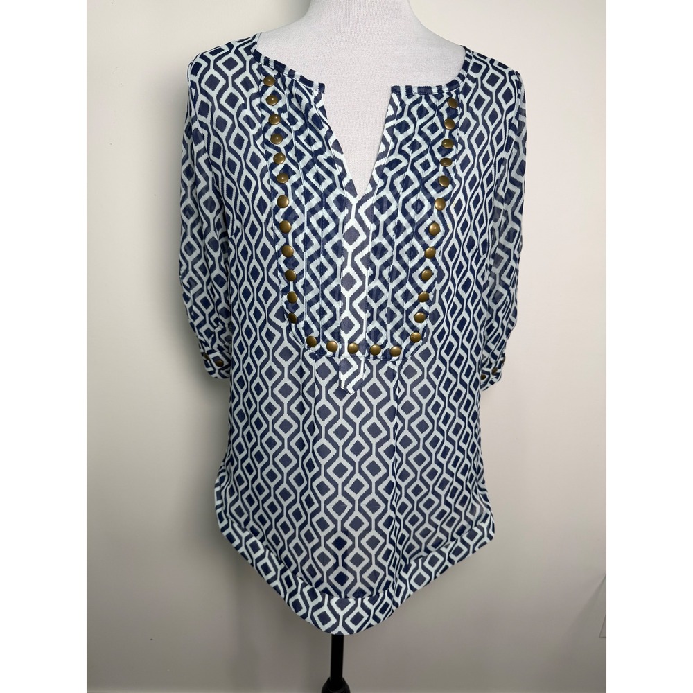 41 Hawthorn‎ Navy Blue Geometric Studded Split Neck Blouse SF7029CA Womens Small